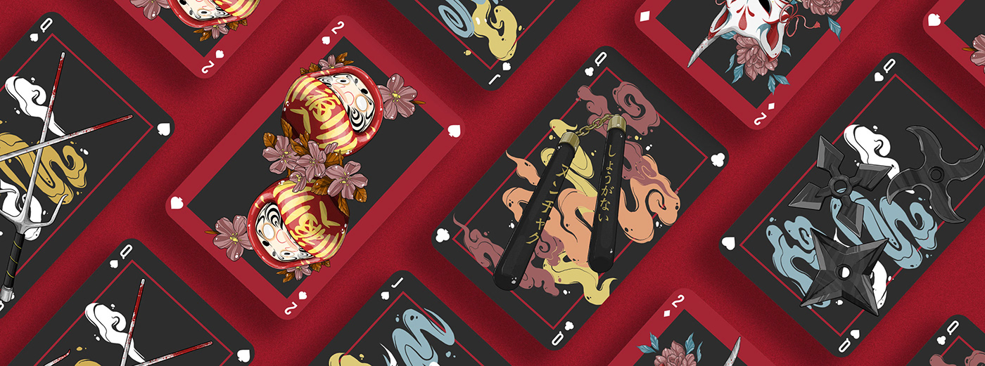 deck graphic design  ILLUSTRATION  japan Japanese Weapons kitsune kunai nunchaku Playing Cards shuriken