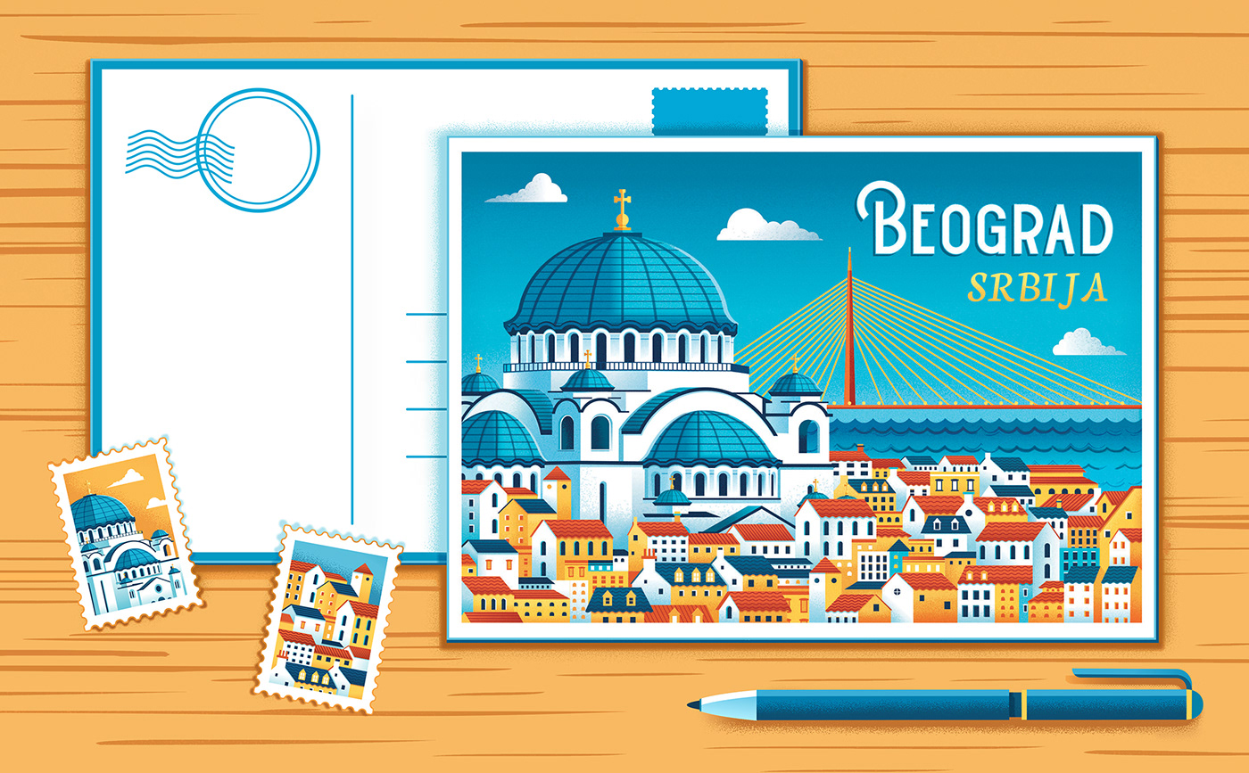 postcard Illustrator vector postcard illustration city building belgrade beograd