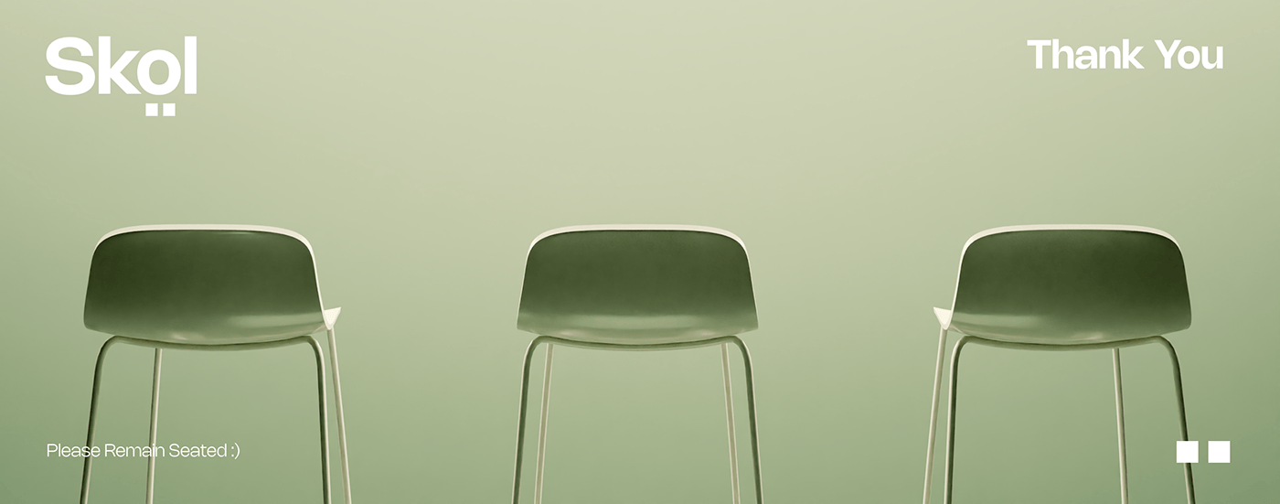 Three green Skol bar stools on a soft green background with playful text