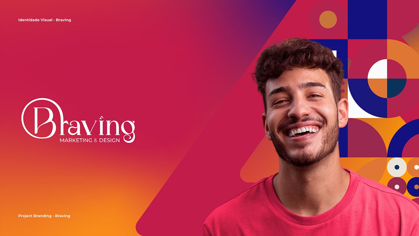 visual identity of a marketing agency called braving. Photo of a smiling man, pattern