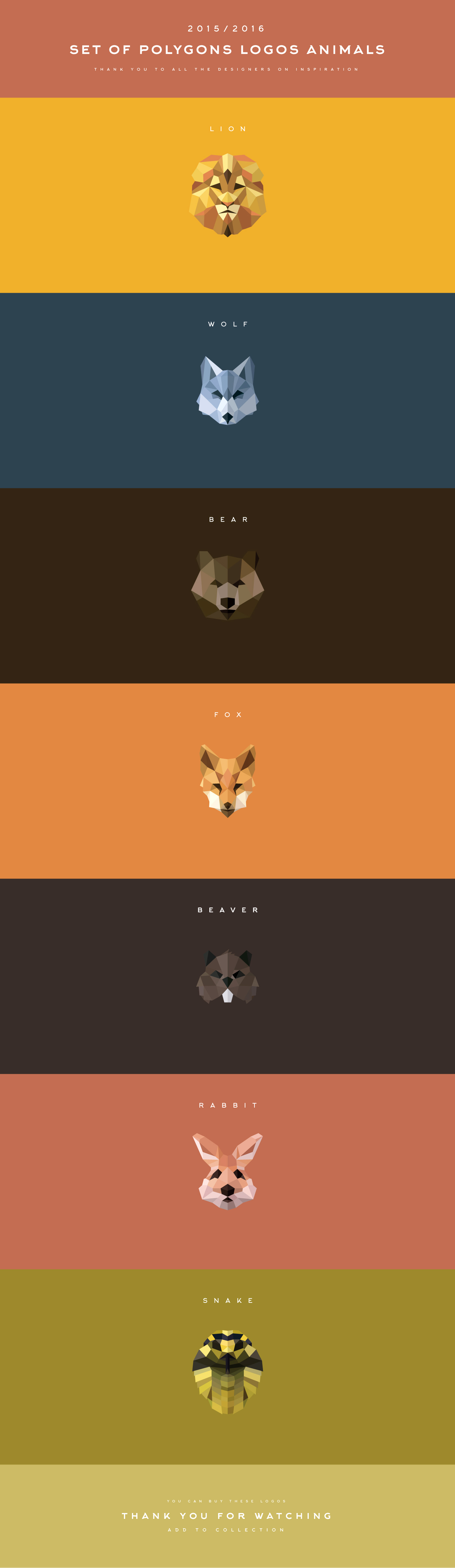 animals Polygons logoset lowpoly logo2016 lion wolf bear FOX beaver rabbit snake brand trend design
