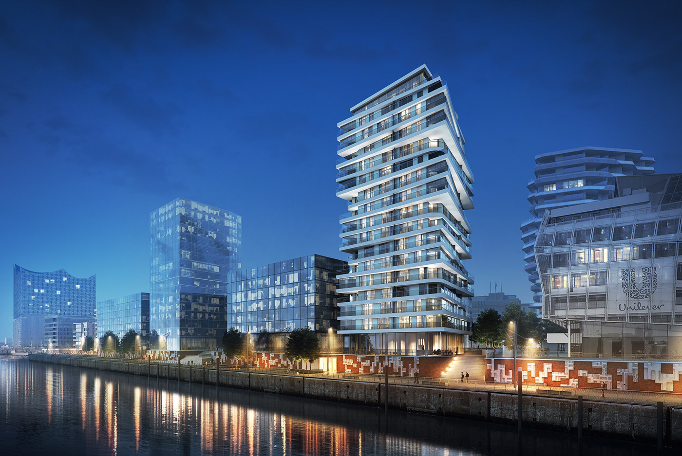 architecture visualization residential waterfront HAFEN CITY luxurious tower White modern Elbphilarmonie