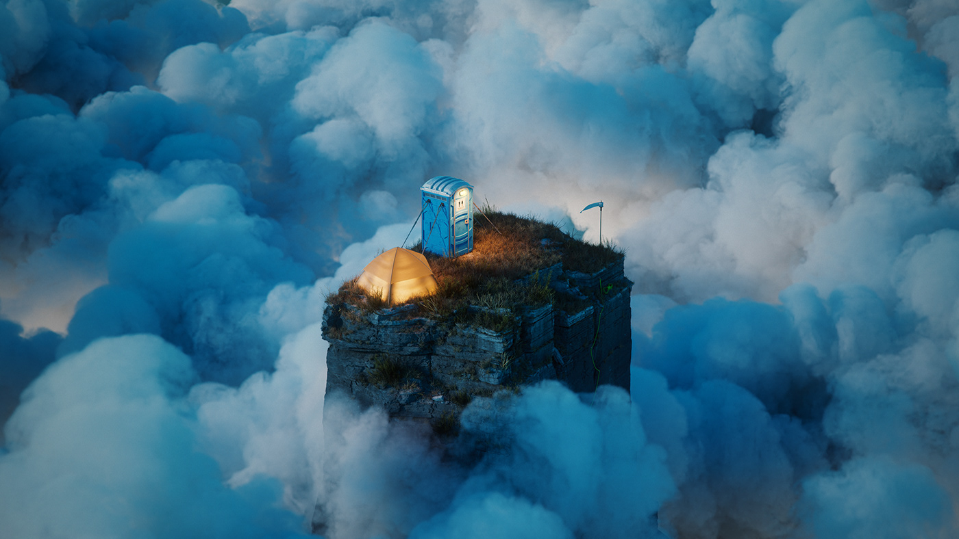 3D Cinema rendering CGI toilet octane clouds mountain Render 4d