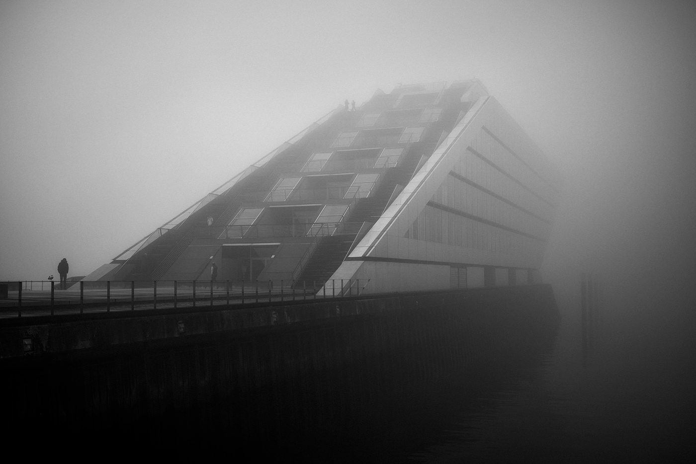 architecture bnw fog hamburg mist river Street water Urban harbour