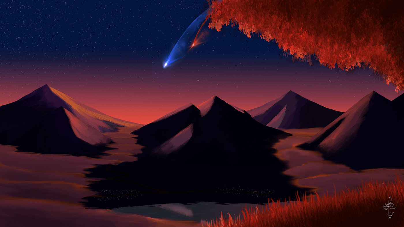 art Beautiful Evening falling star ILLUSTRATION  lake Landscape mountain night painting   red scenery sky stars  sunset view