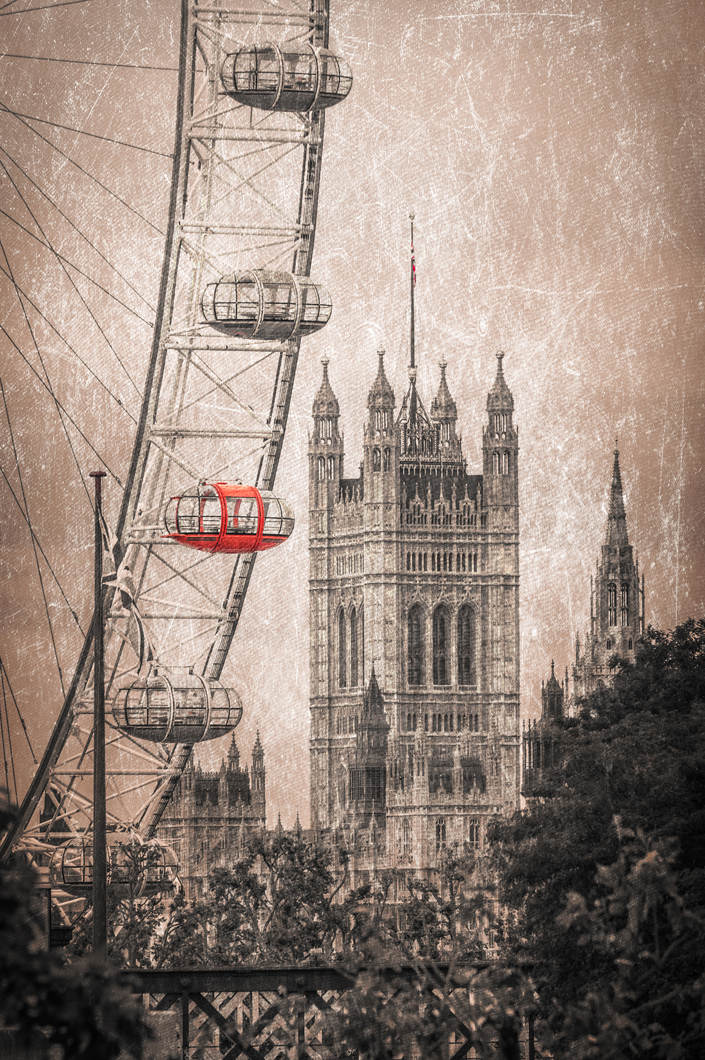 London england cityscape sepia red big ben bus clouds thames