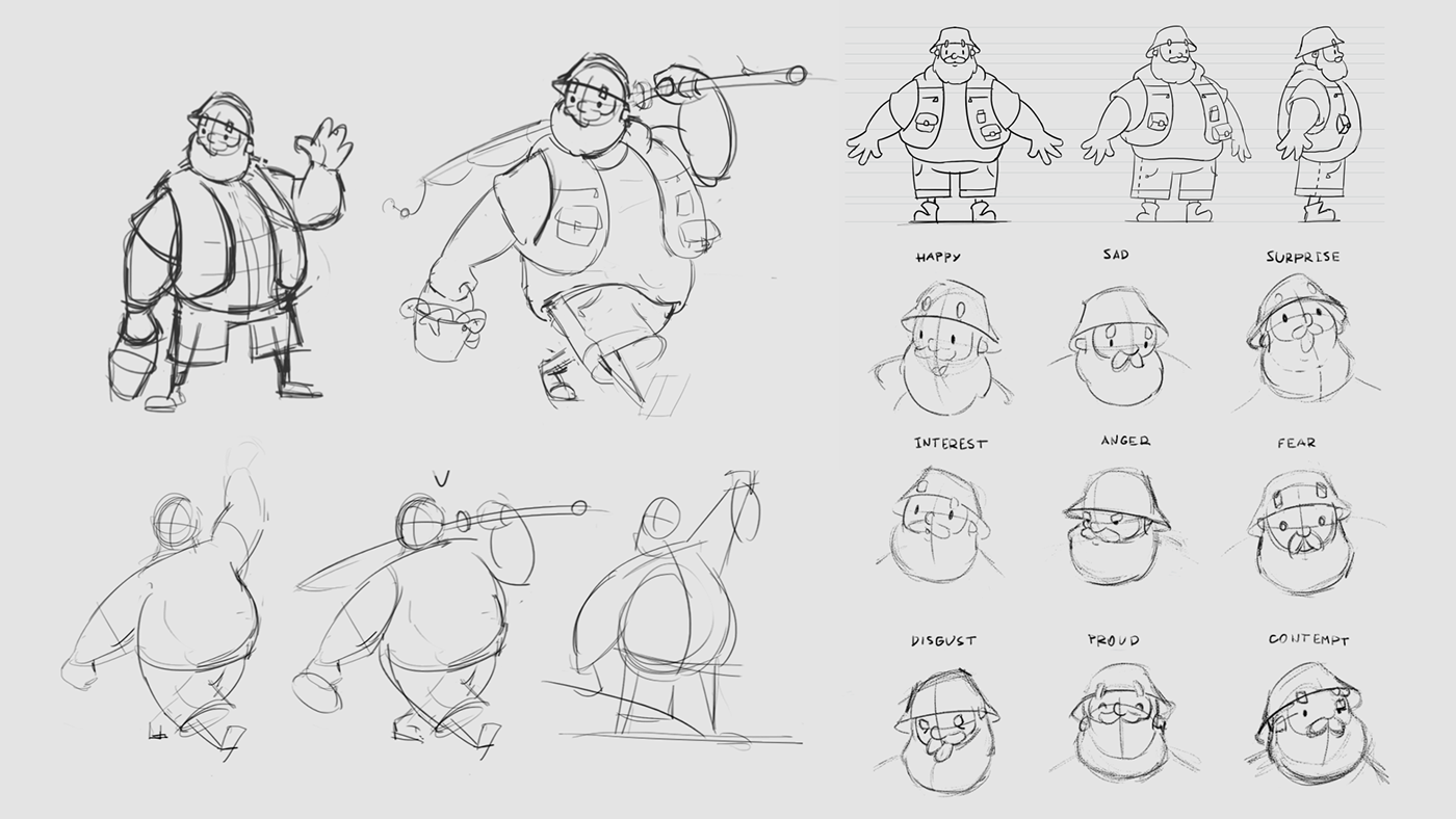 Character design  Drawing  Digital Art  Fisherman Expression Board turnaround fat character