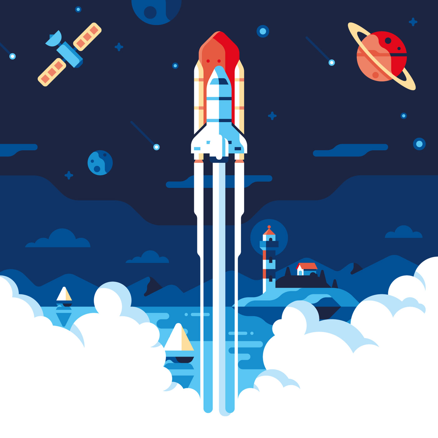 cloud mobile app Website infographic ILLUSTRATION  flat Space  shuttle lighthouse