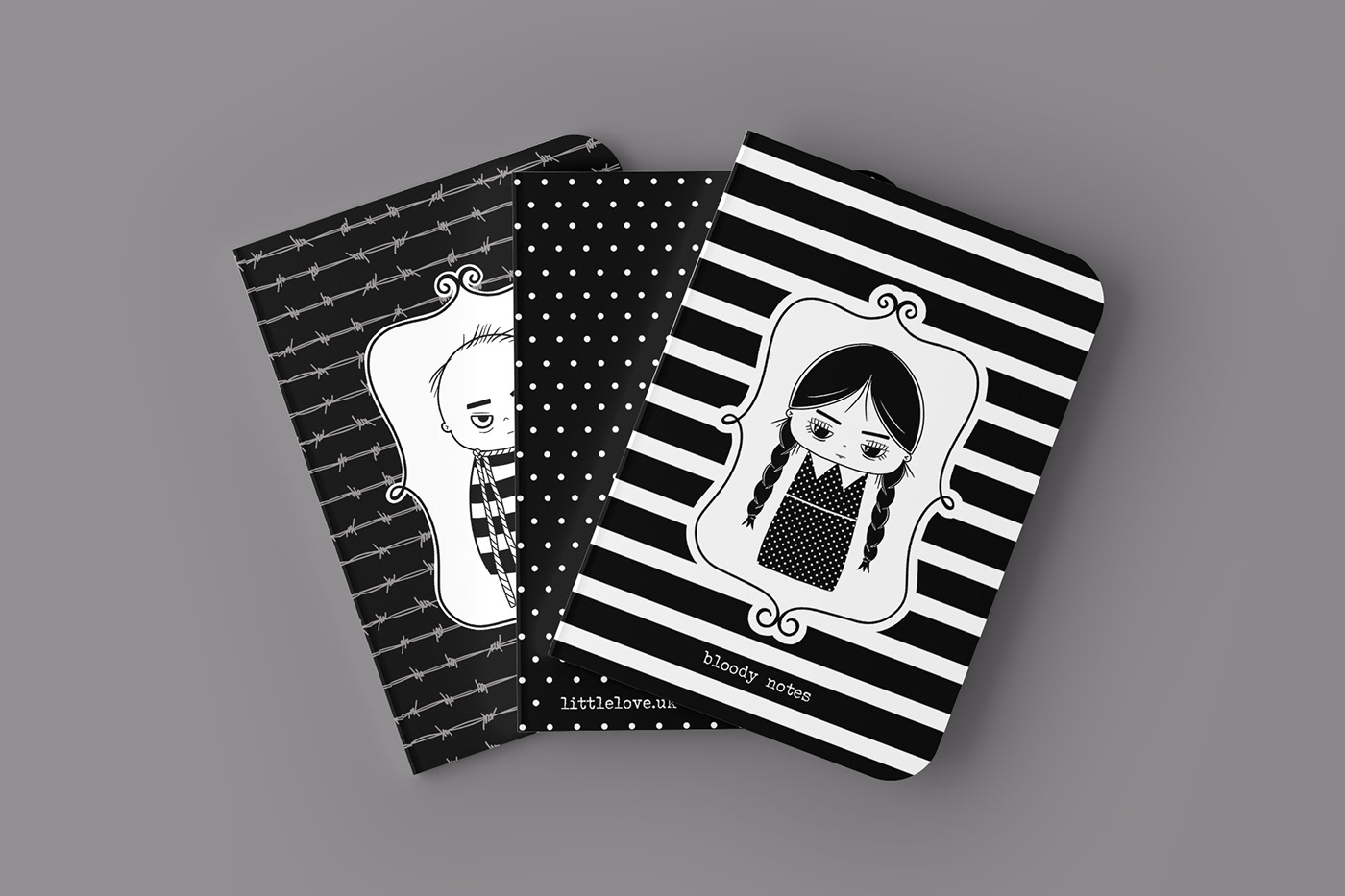 black and white brand identity cartoon Character design  graphic design  minimalist morbid notebooks sketchbook Stationery