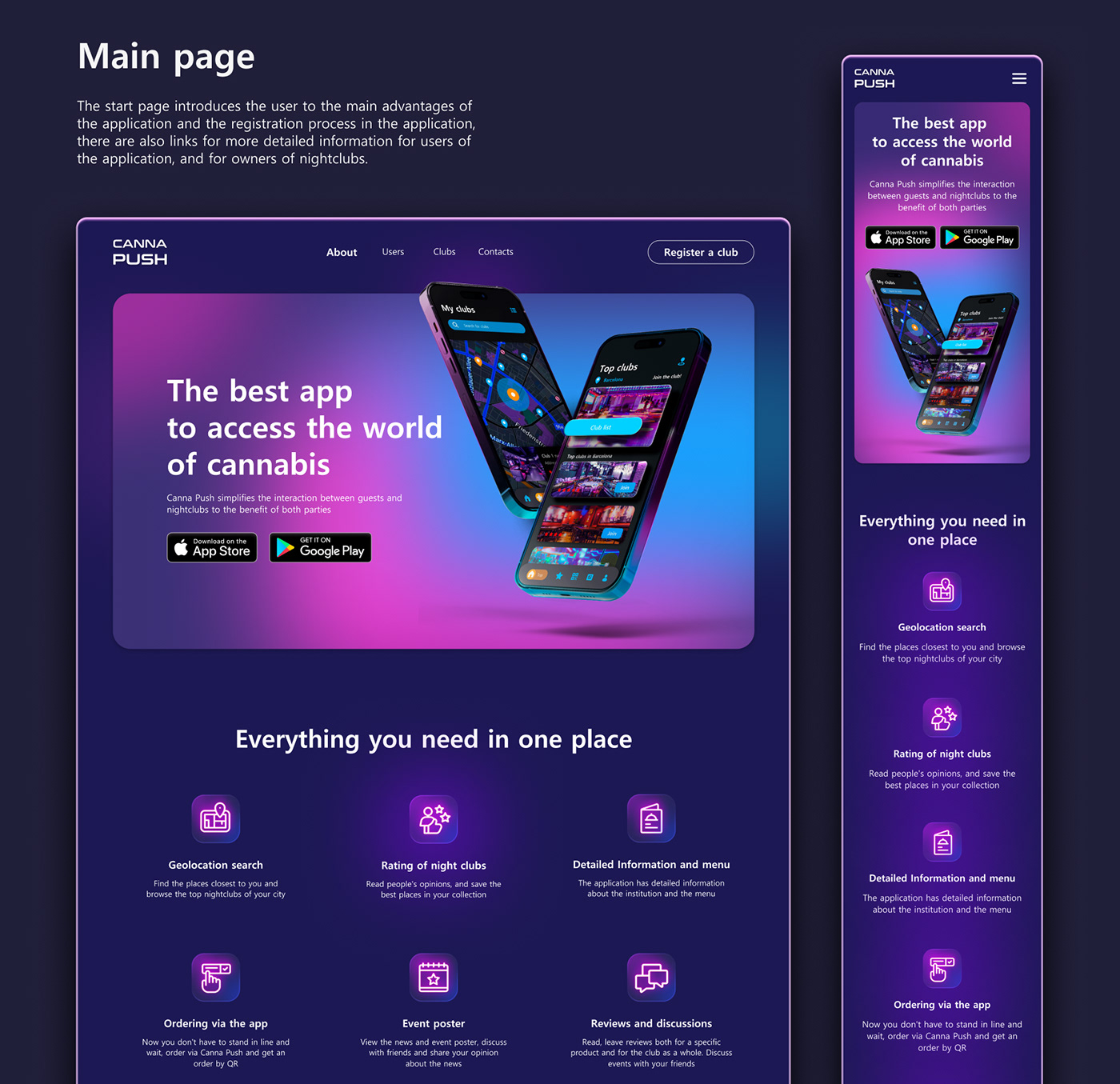 promo Website Web Design  UI/UX Figma Mobile app landing page night club smoke canabis