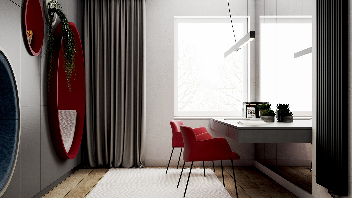 circle circles home interiordesign Office Playful red redchair Workingspace