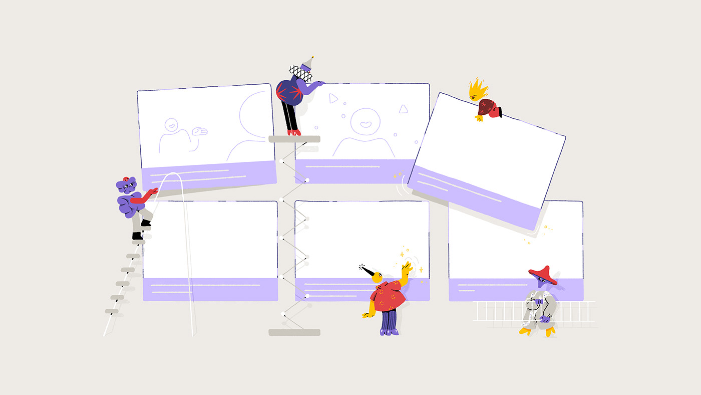 branding illustration for animation studio, magical characters building a huge storyboard
