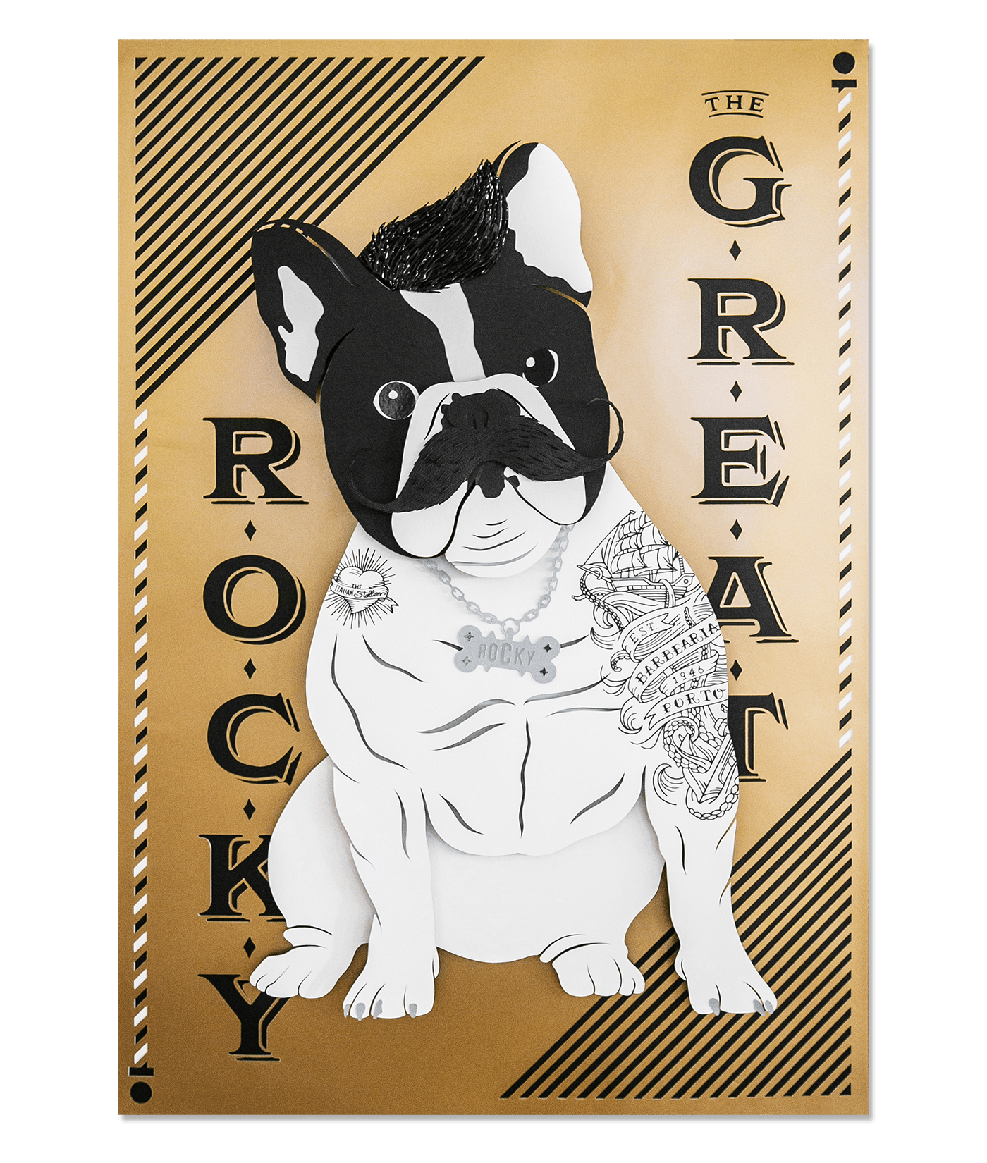 Rocky great barbearia barbershop porto poster gold papercut paper black moustache bulldog French bling