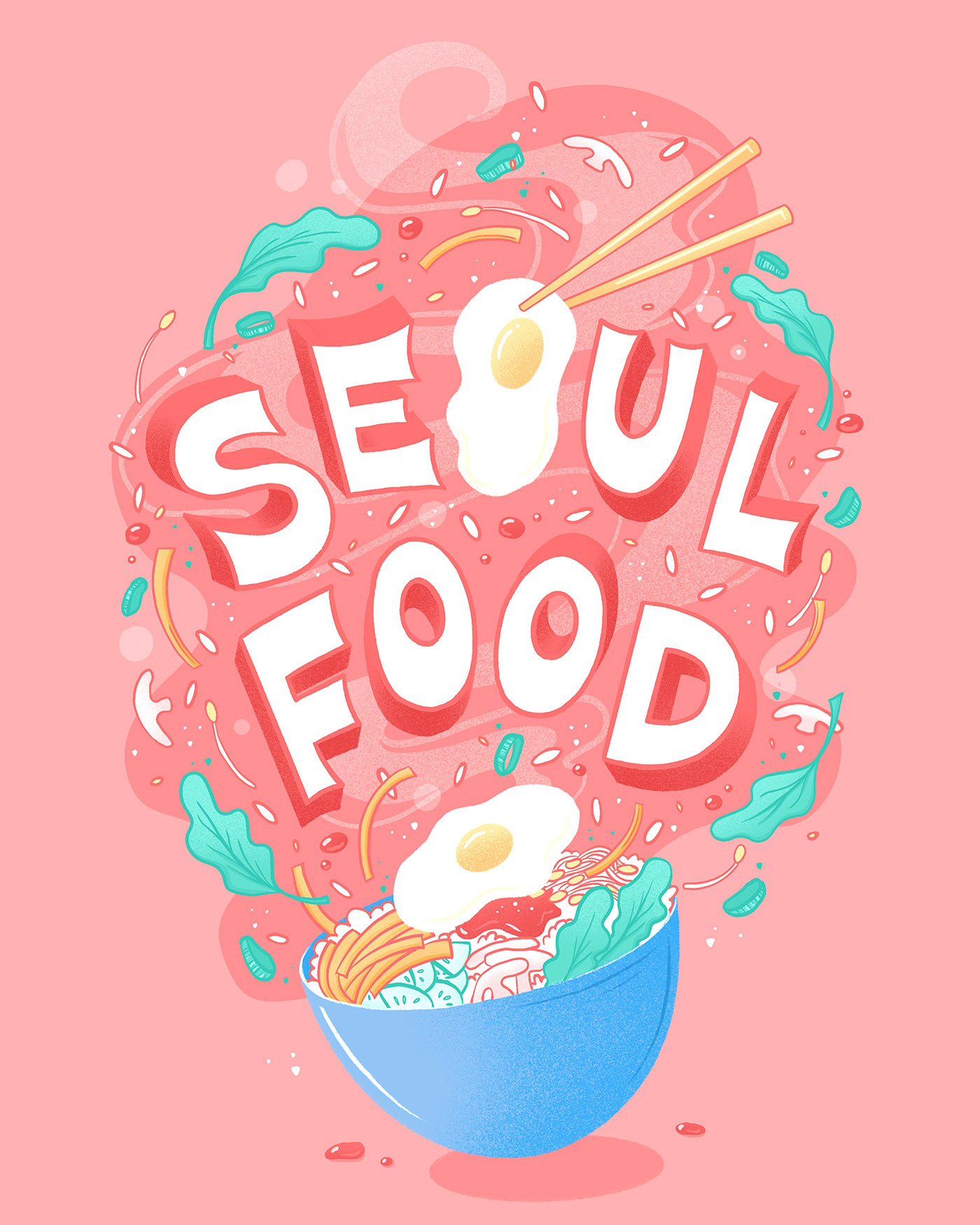 Full page lettering and illustration for Atlanta Magazine. Features “Seoul Food” and food bursting