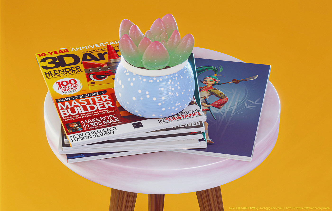 3D scene with cute cartoon stylized succulent in a flower pot and magazines on a marble table