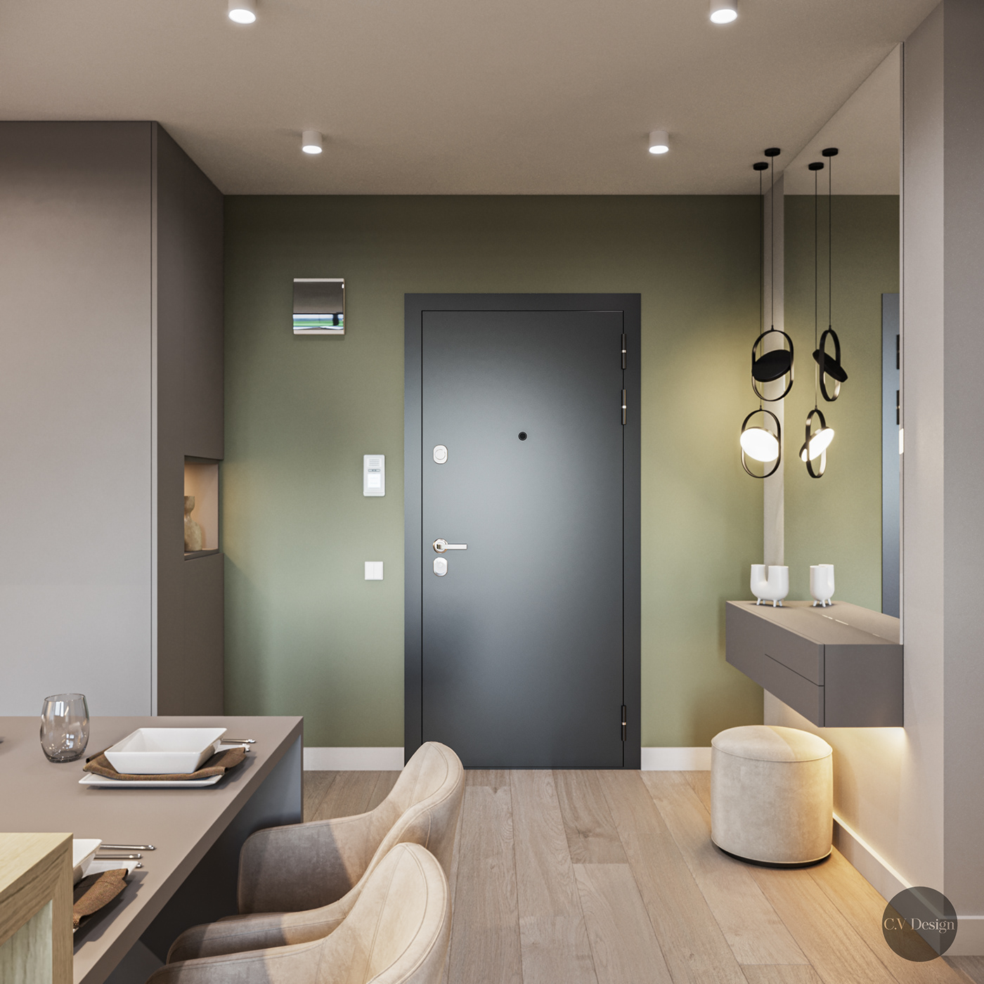Interior apartment modern green grey Open Space small apartment cluj-napoca lighting
