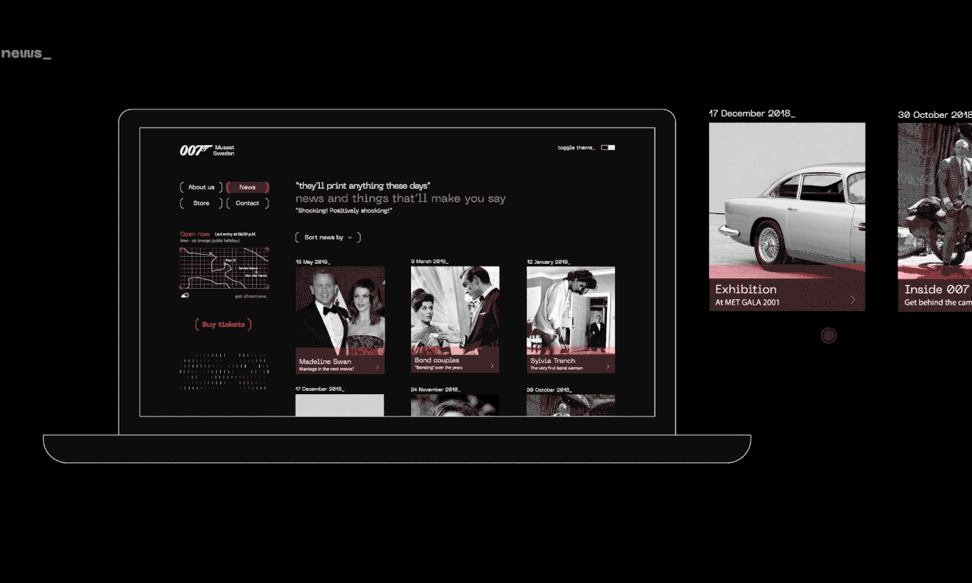 redesign Website james bond ui ux toggle interactive black and white modern minimal museum