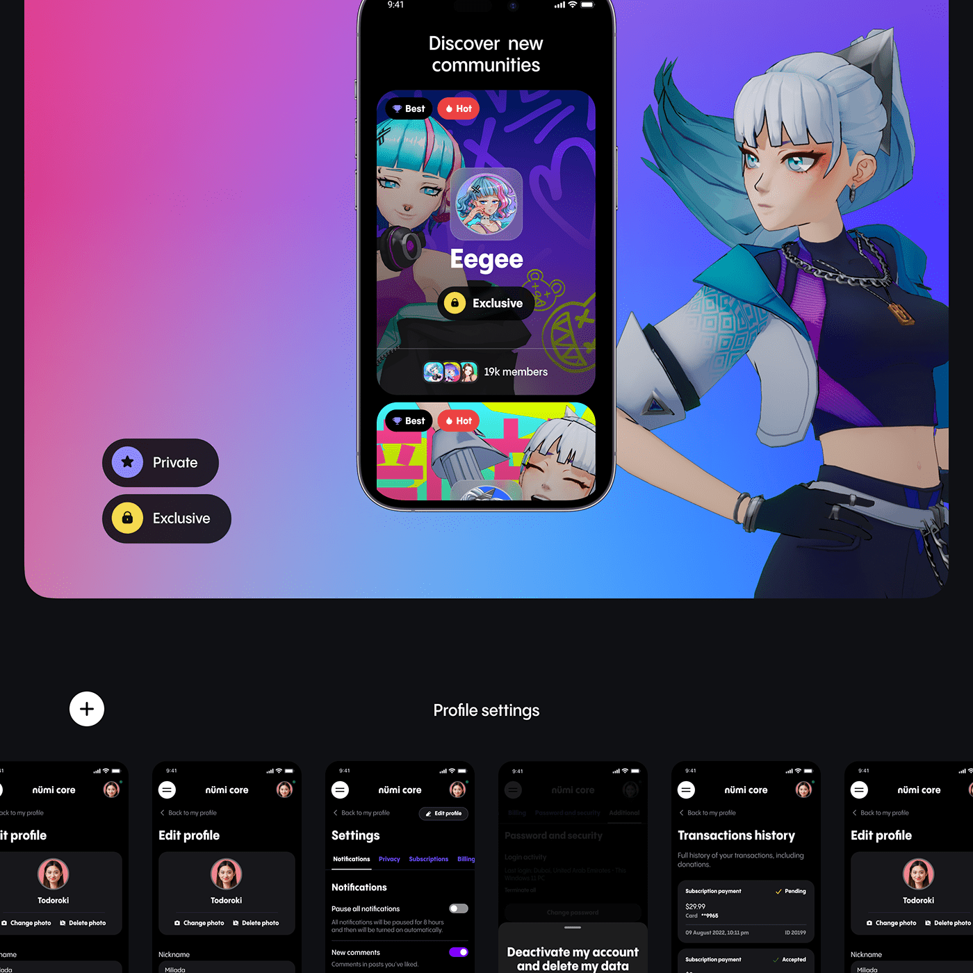 user interface user experience Mobile app application Figma Streaming communities black and white gradient