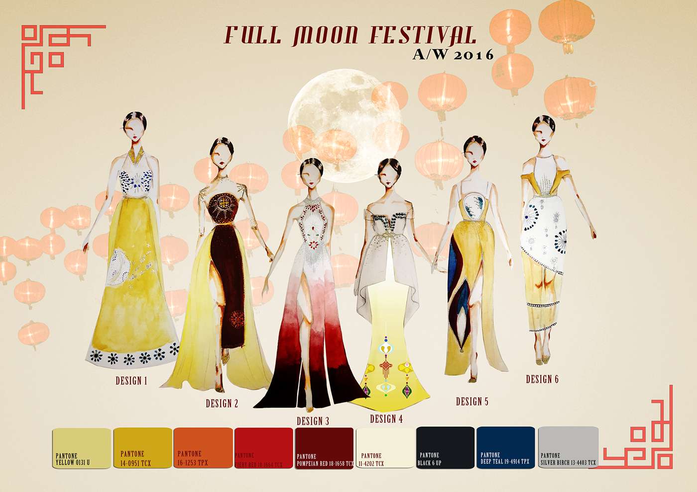 Eveningwear fashion design portfolio board Full moon festival mid autumn festival fashion study moon inspiration