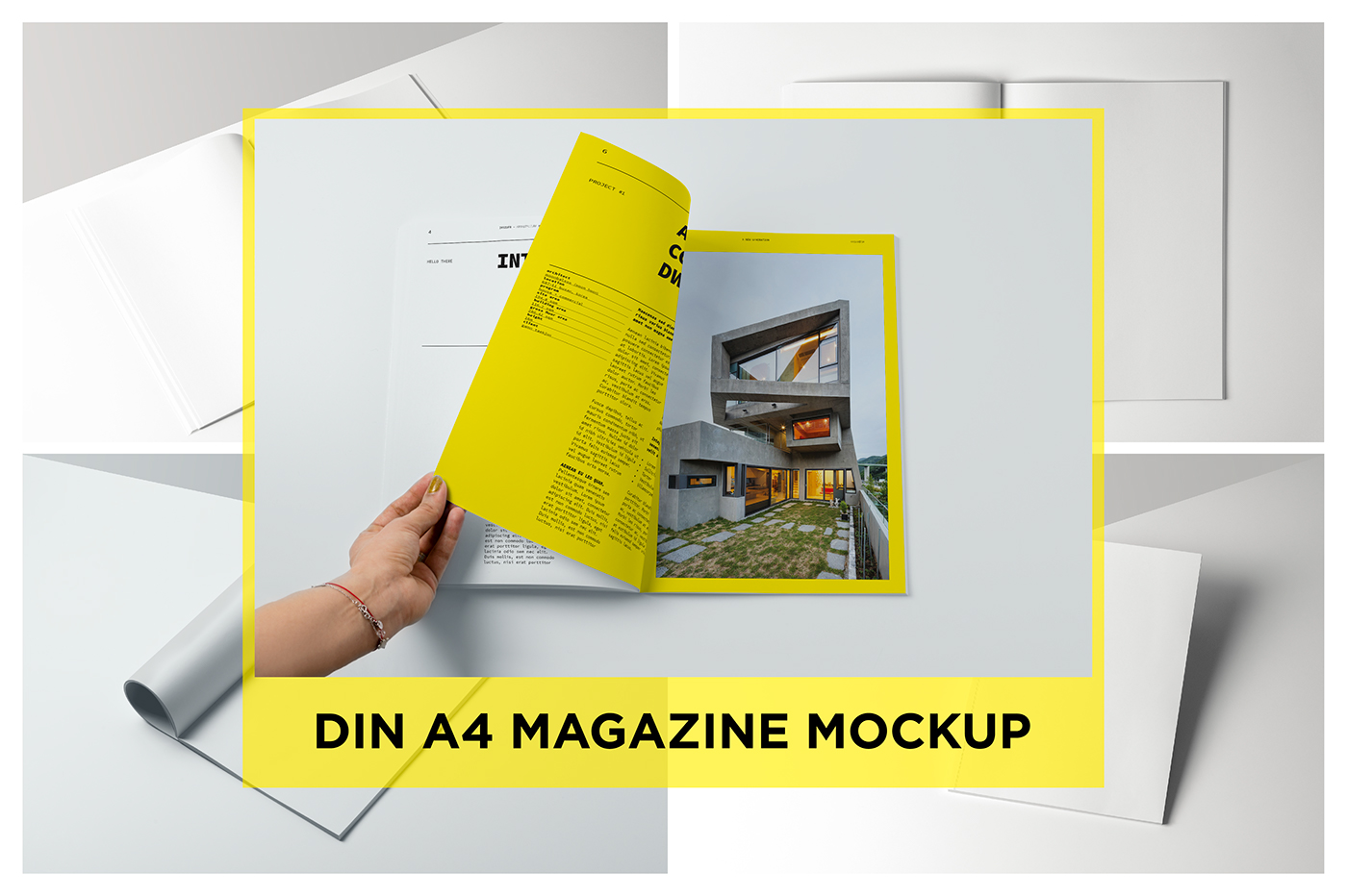 Magazine mockup brochure mockup product mockup portfolio Layout clean grey abstract minimal scene