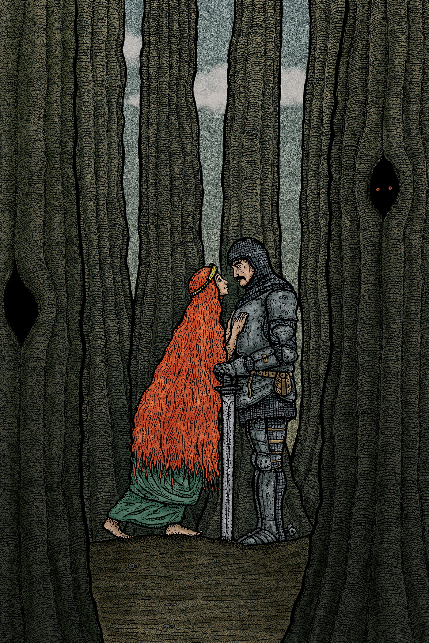 Fantsy inkdrawing knight Princes woods