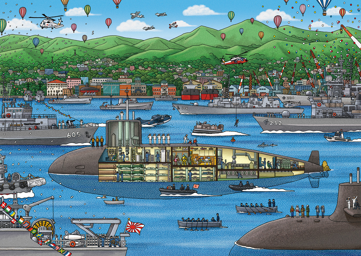 japan draw sketch Landscape city dense detail graphic 2D art artist ship sea water submarine