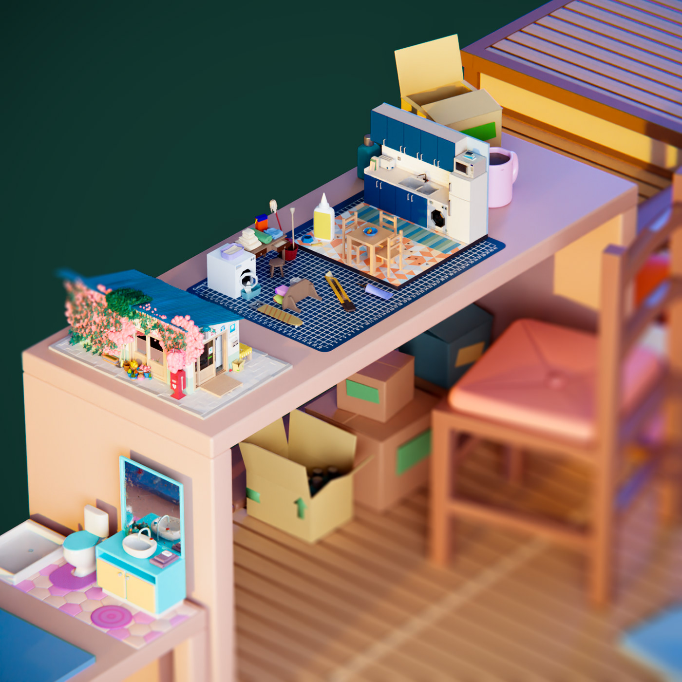3D bedroom blender Diorama house Isometric Low Poly lowpoly Miniature Render