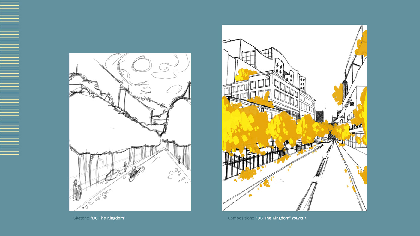 Screenshots of sketch and digital compositions for "DC The Kingdom."