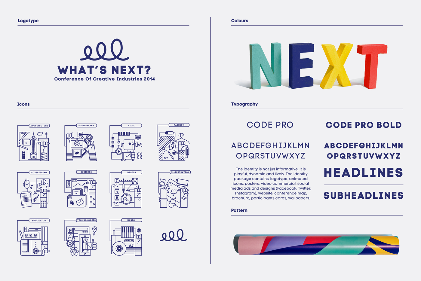 visual identity colours lithuania icons brand whats next poster postcard brochure logo t-shirts conference creative industries Event pattern