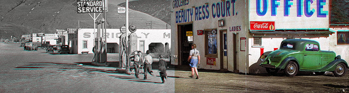 colorization gas station groceries history Photo colorized restoration usa vintage vintage style