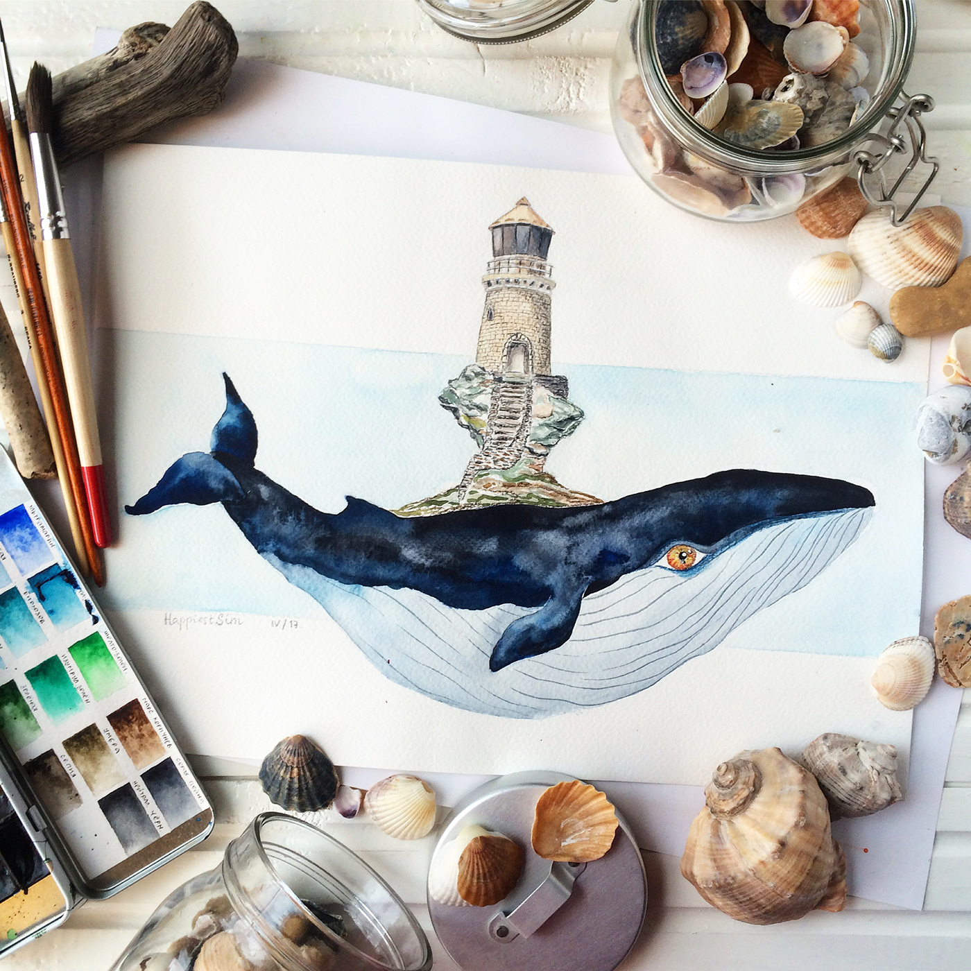 Whale lighthouse Picture painting   artist sea SKY