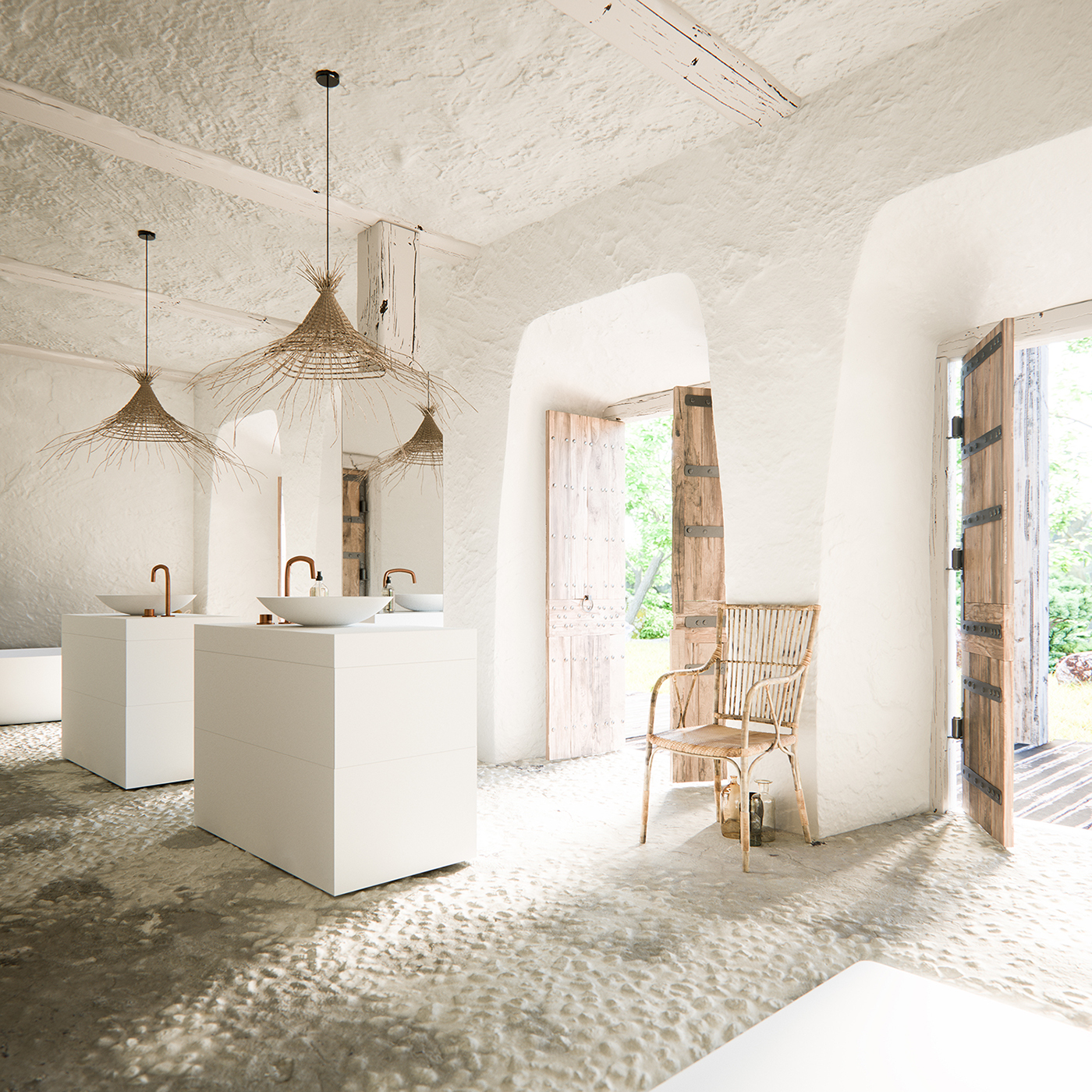 Interior bathroom finca Render vray dark rustic wood DoubleAye design