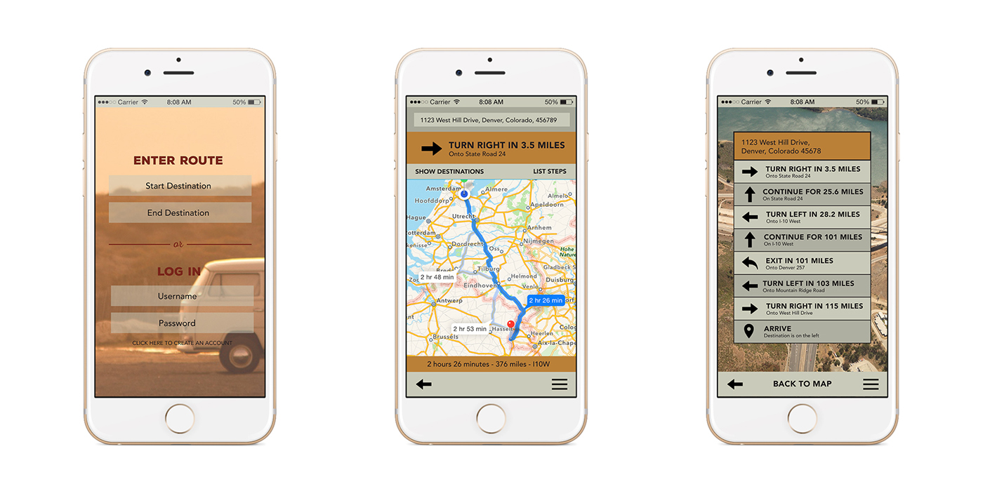Travel App app app design user interface user experience armadillo Gold Addy Winner Student Addy Winner Flagler College Travel Mockup road trip design retro travel americana
