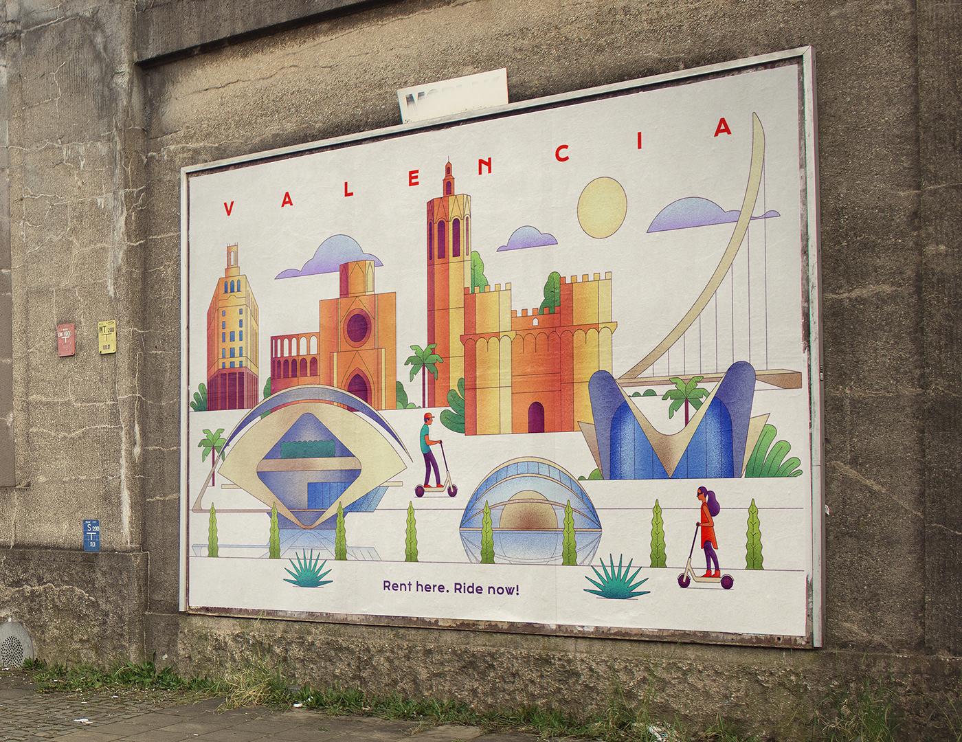 city ILLUSTRATION  poster art Scooter valencia flat Landscape lineart spain