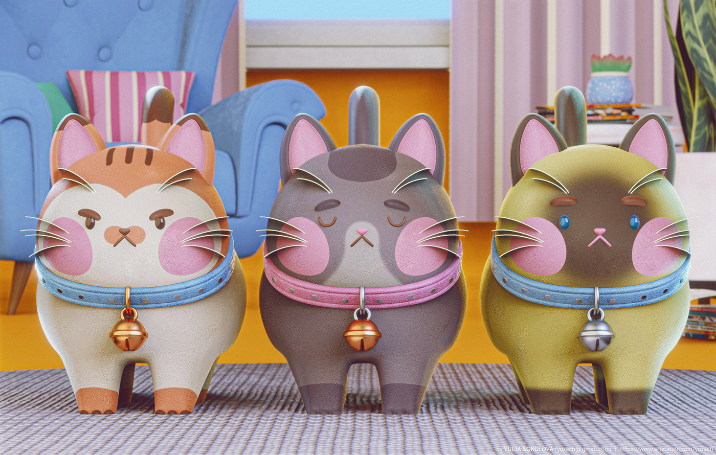 3D scene with cartoon characters: cats, succulent and stylized furniture, rendered in Blender Eevee