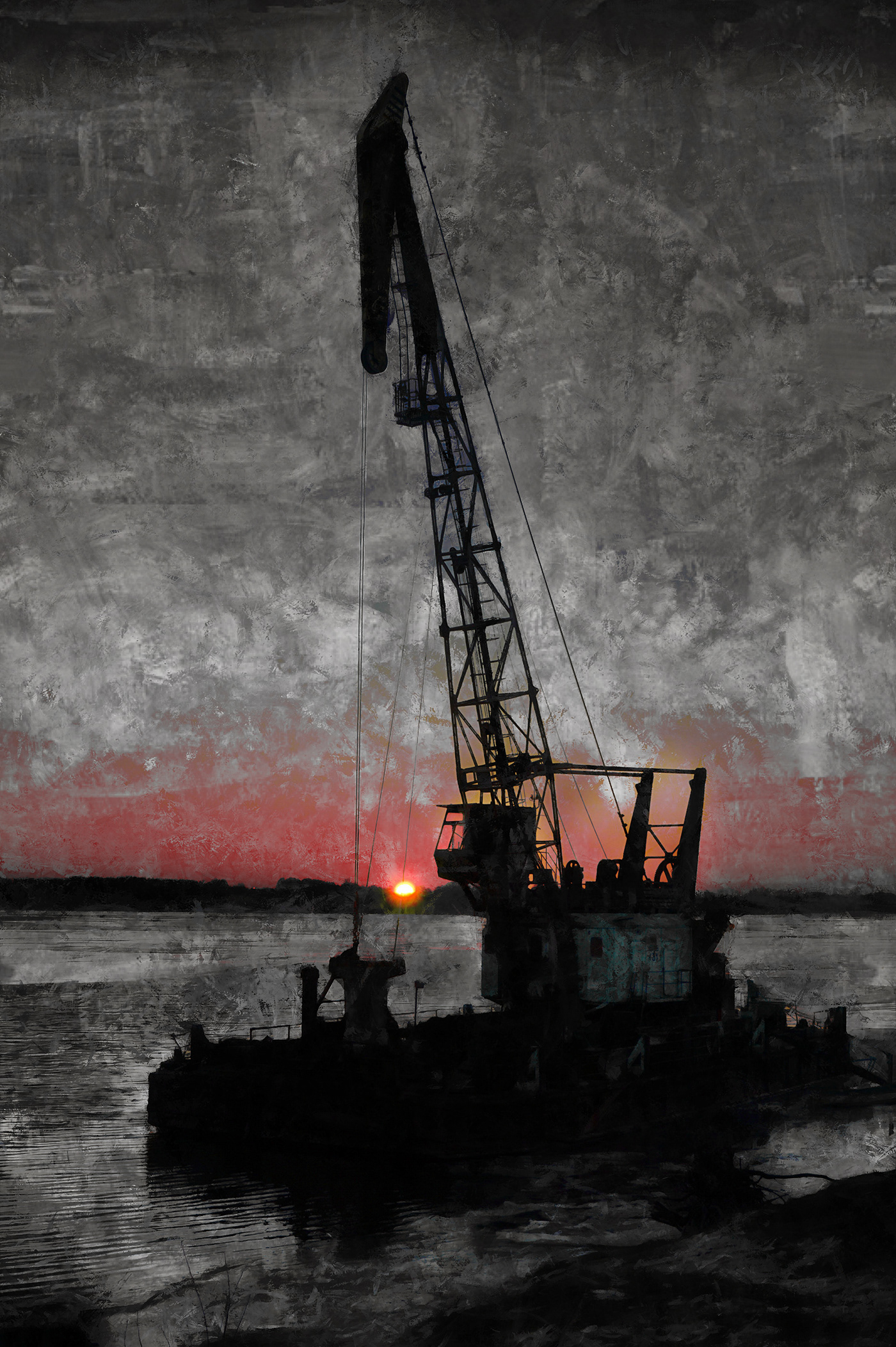 black and white DAWN mood MORNING old crane photo processing retouching  river