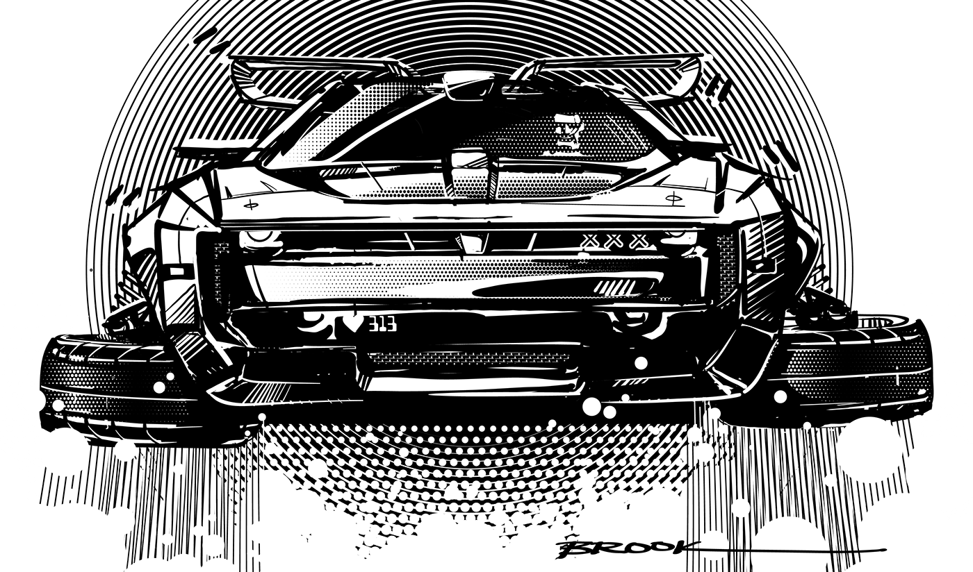 black and white muscle car automotive   automotve design colorhalftone screen printing