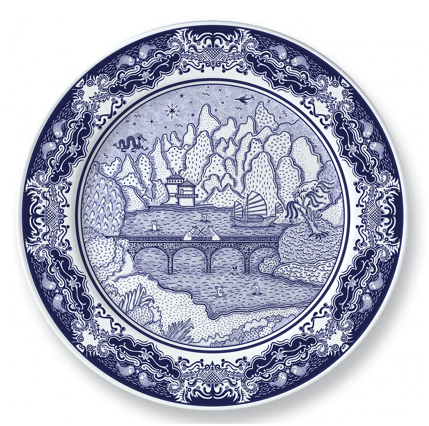 ceramic Blue Plate illustrative patterns willow pattern Eastern plates ceramic design Character design  concept