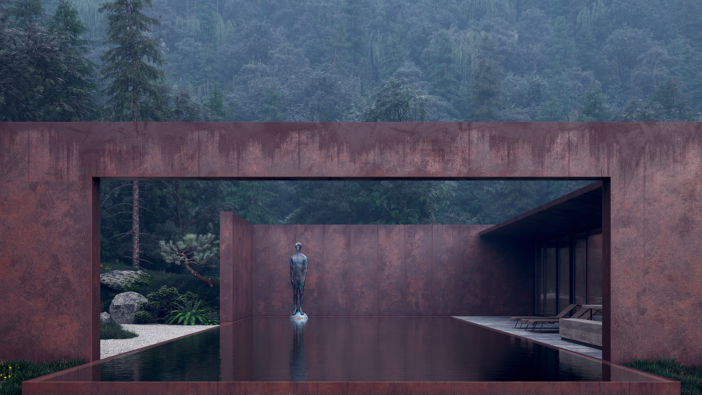 architecture Corten steel makhno wood forest minimal contemporary corona renderer