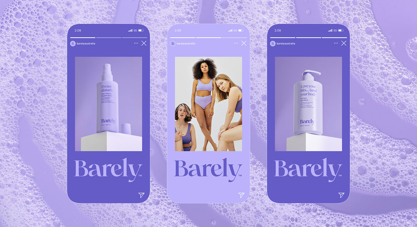Advertising  barely blurple brand identity Intimate Skincare marketing   packaging design purple Socialmedia women