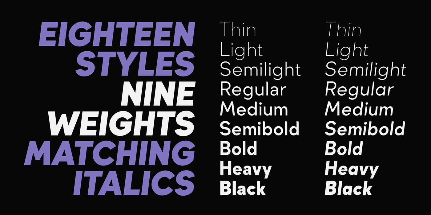 Sans serif geometric humanist font family weights and styles