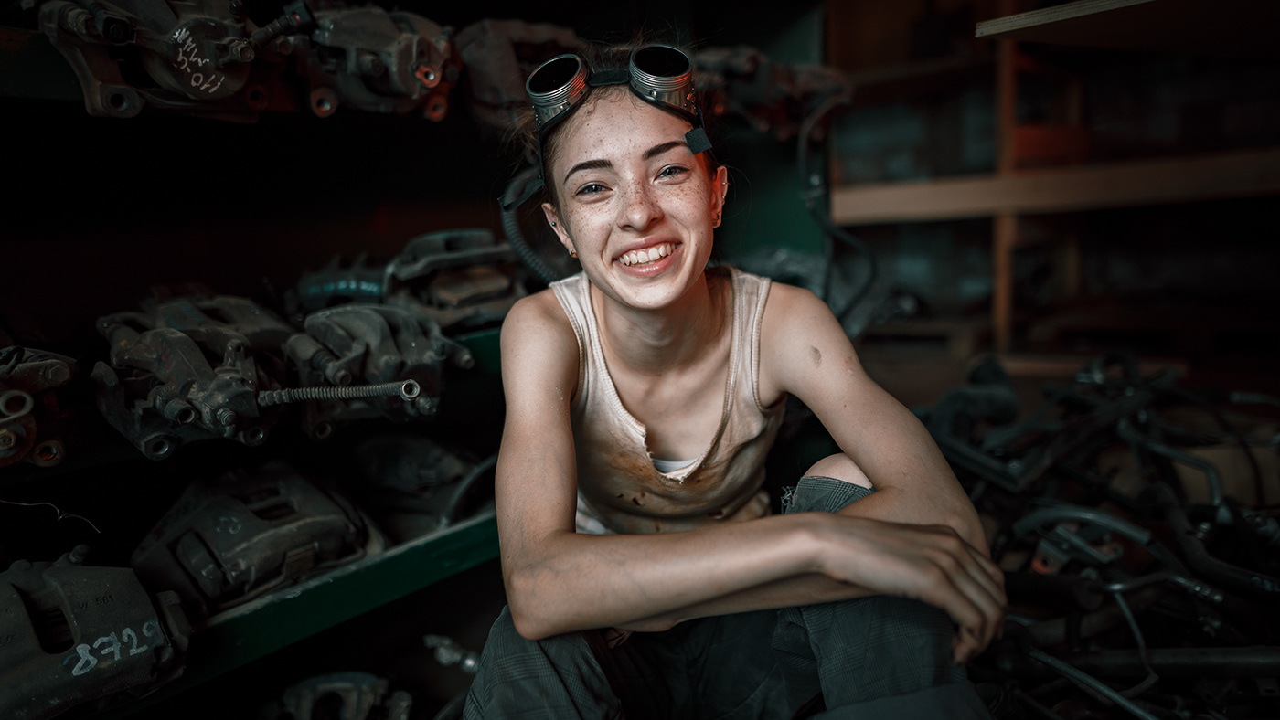 Auto car dirt girl Mechanic model photographer portrait Urban