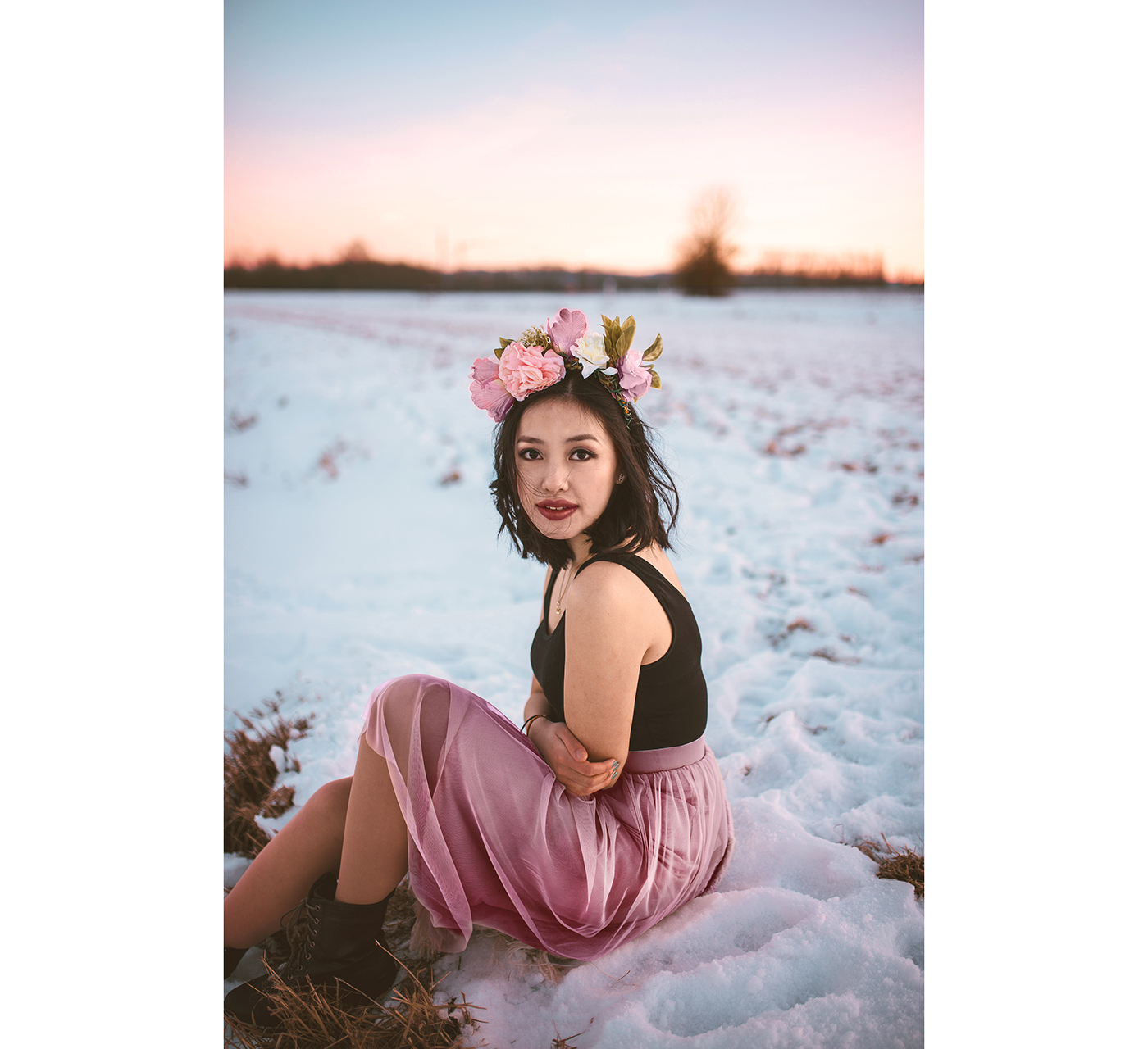 Fashion  winter tulle Photography  sunset asian girl snow lifestyle