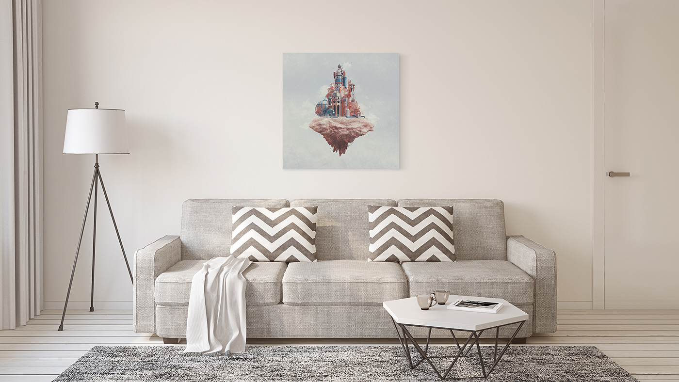 3D blue city interior design  Landscape living room model pink print wall art