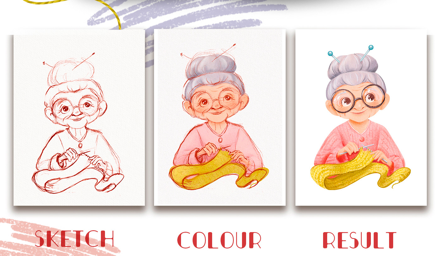 Sketch. Coloring. Result. Granny knitting a scarf. Illustration in cartoon style