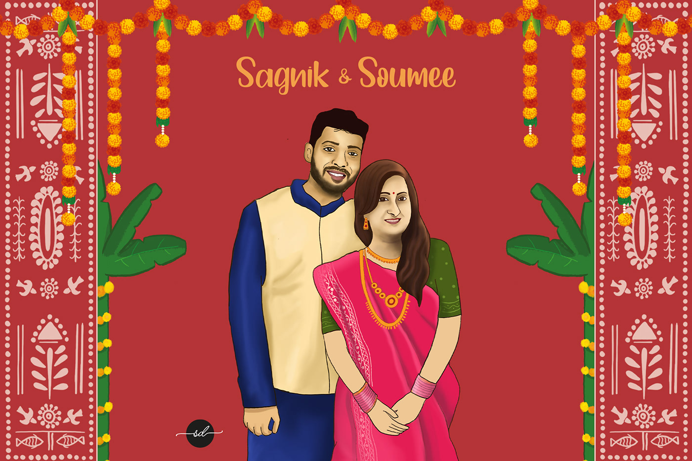 Indian couple wedding illustration
