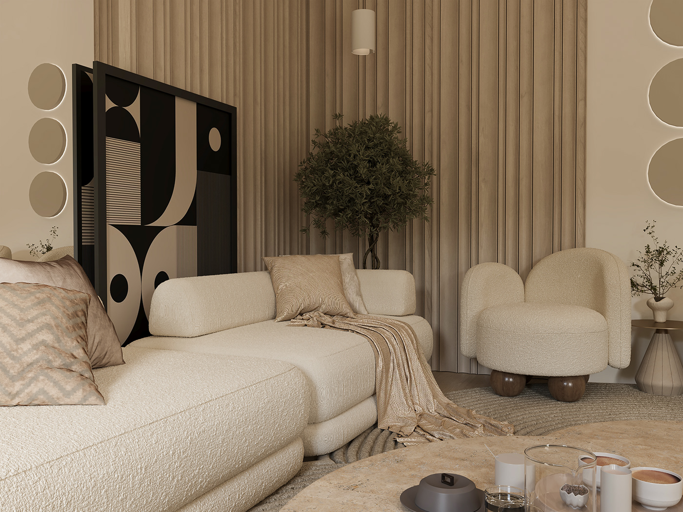 Scandinavian living interior design  3ds max architecture corona Render visualization beige warm colors
