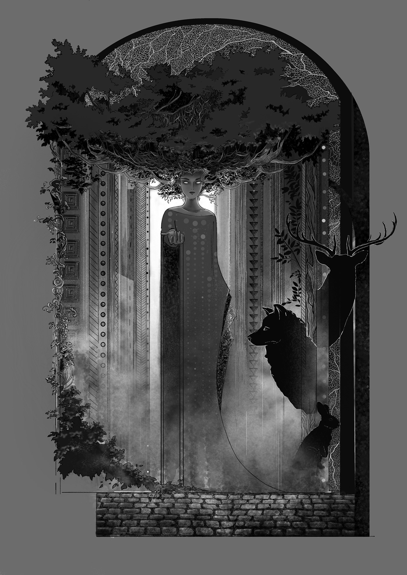 dark digital illustration Drawing  fantasy folk forest ILLUSTRATION  mystery photoshop black and white