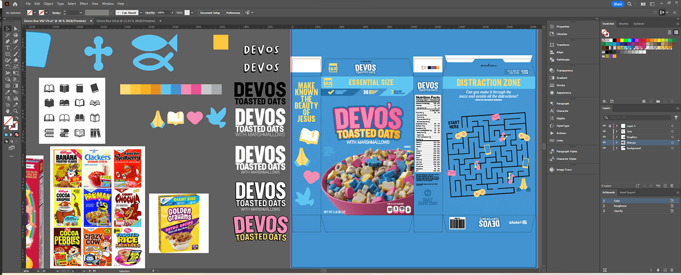 Packaging layout for Lucky Charms-like cereal inside Adobe Illustrator 