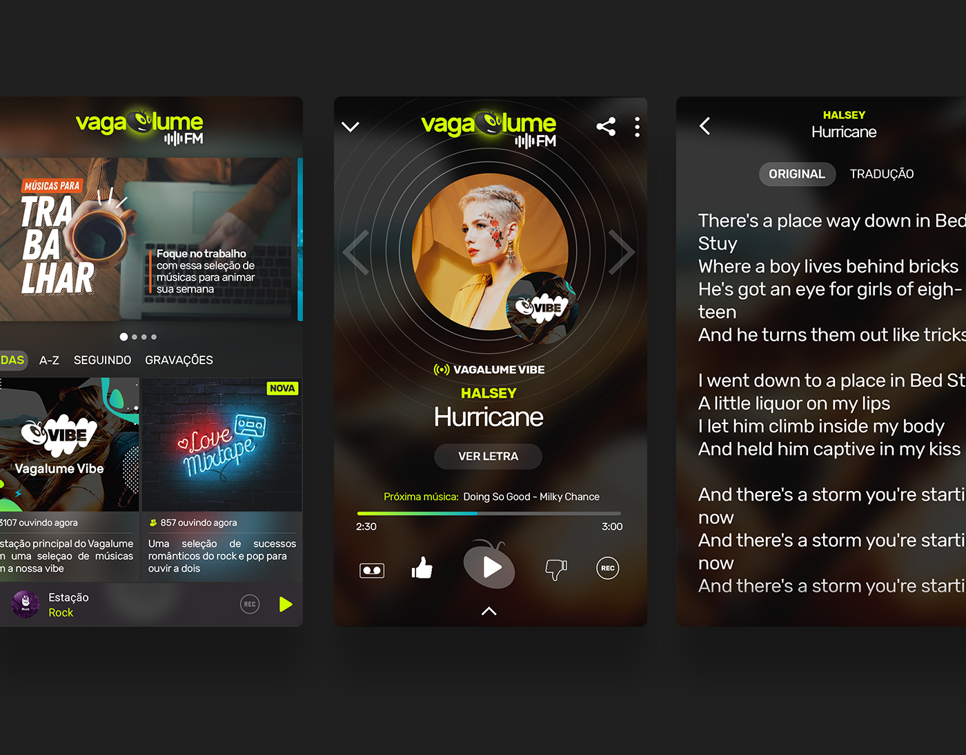 vagalume.fm vagalume Interface do usuário identidade visual aplicativo app musica Streaming UI/UX Radio